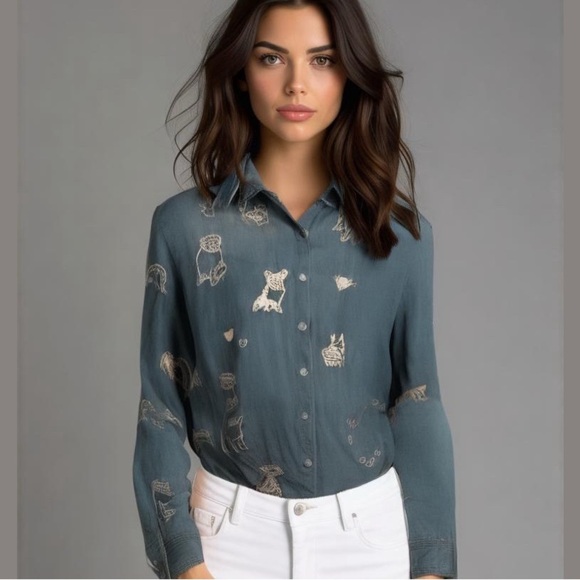 Johnny Was “For dog lovers only” pearl button embroidered western shirt NWT RARE - Picture 8 of 12